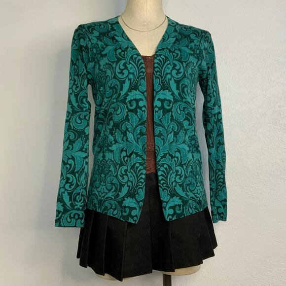Talbots Wool Cardigan Sweater Teal Scroll Print Whimsigoth Small Quiet Luxury - Picture 3 of 8